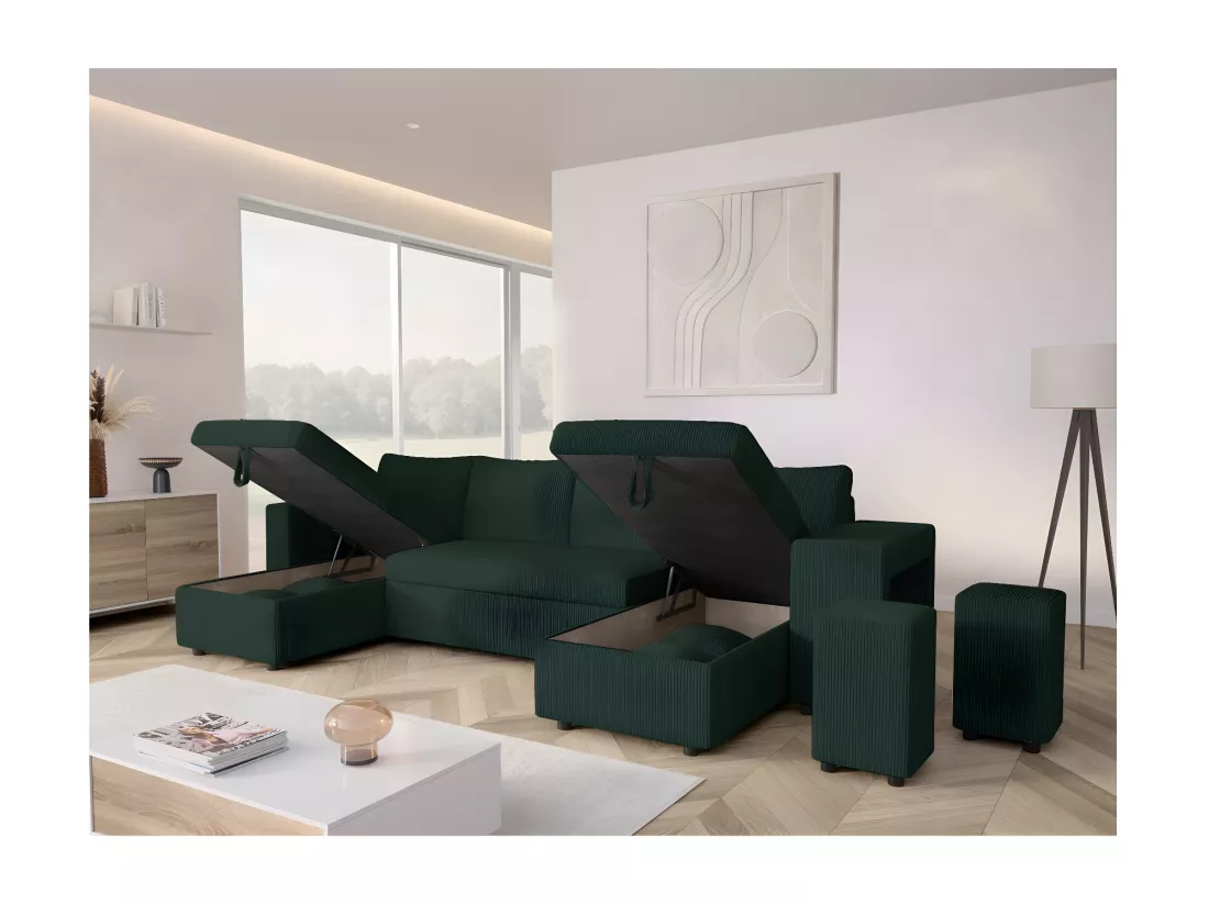 Canapé panoramique Oslo convertible avec 2 coffres, 2 poufs à droite en velours côtelé vert foncé - L311 x P146 x H81cm - Loungitude