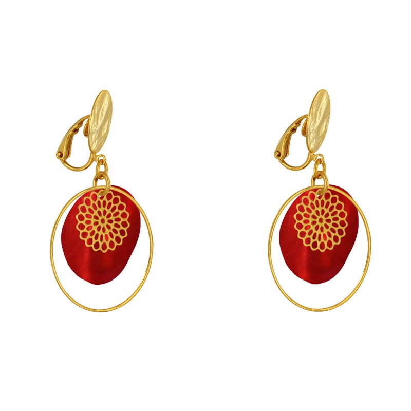 Boucles d'Oreilles Clip Métal Doré Cercle et Pastille de Nacre