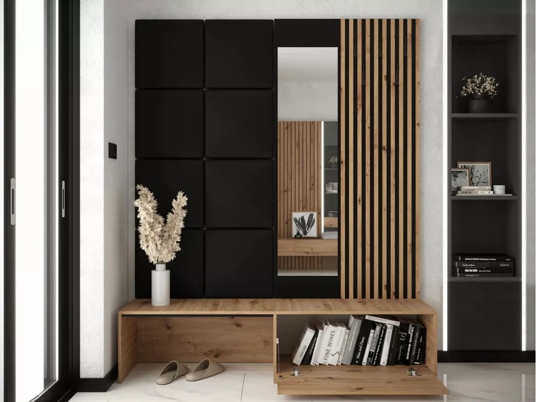 Meuble d'entrée Hartford 322, 205x172x42cm, Miroir, Chêne Artisan|Noir, À poser