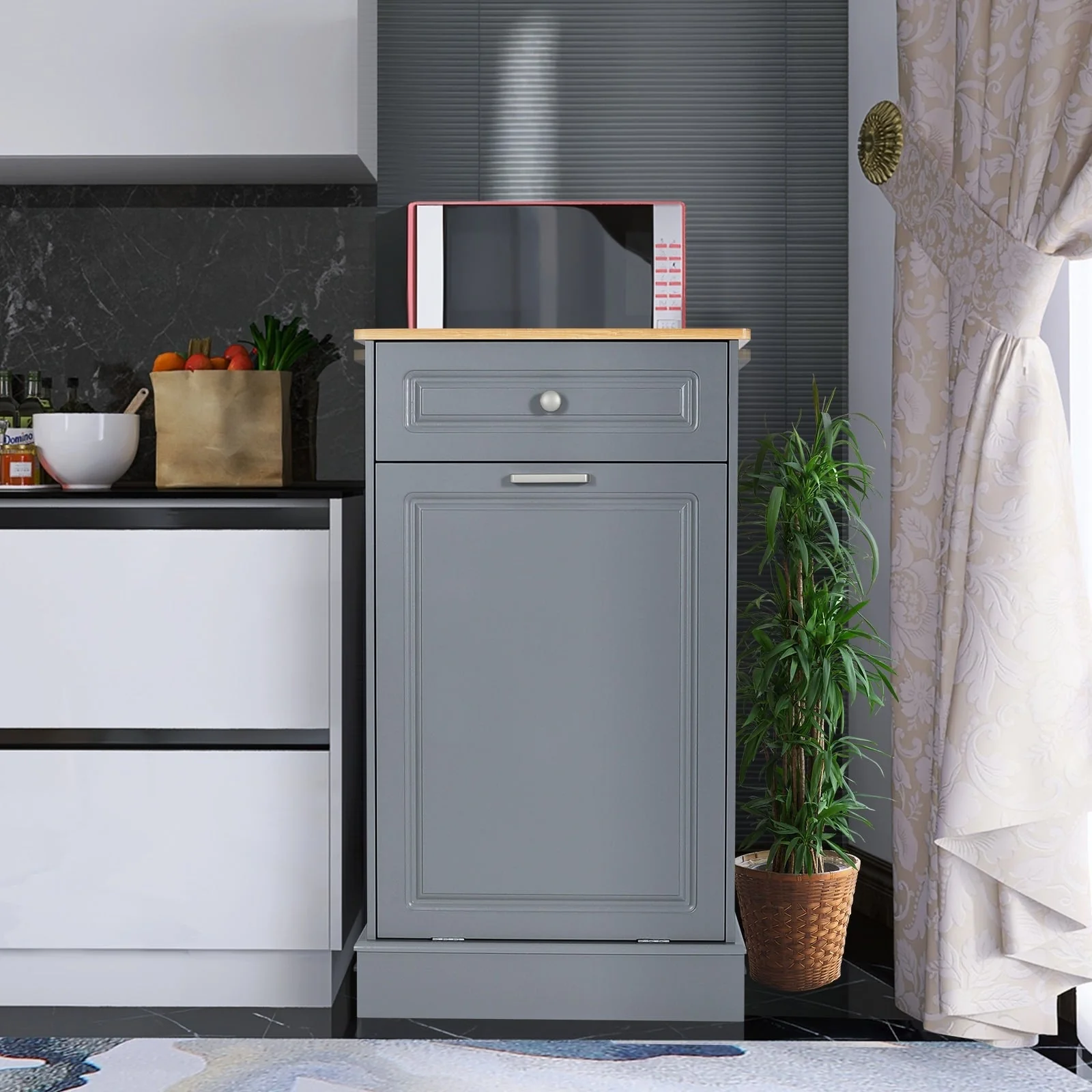 Kitchen Tilt Out Trash Cabinet Can Bin Storage Wooden Counter-top Waste Baskets with Drawer