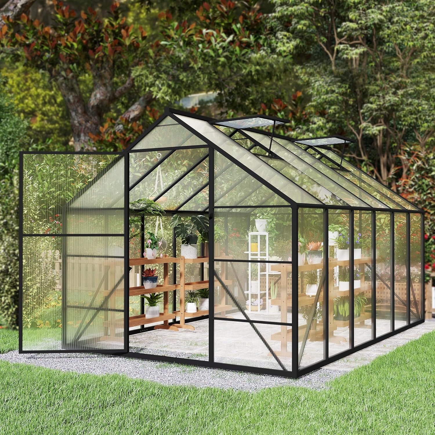 Gewächshaus Aluminium mit Fundament & Dachfenster Tomatenhaus wetterfest rostfrei Treibhaus Anzuchthaus temperaturbeständig Frühbeet Pflanzenhaus für Tomaten, Gemüse & Pflanzen - 380x250x205cm