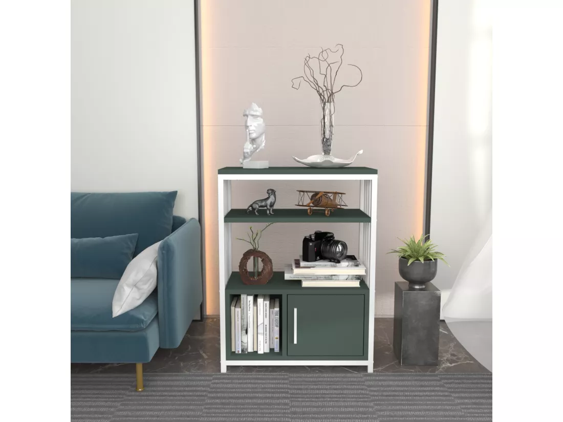 Bibliothèque Letos avec le cadre en métal et armoire, design stylistique (Vert et Blanc)