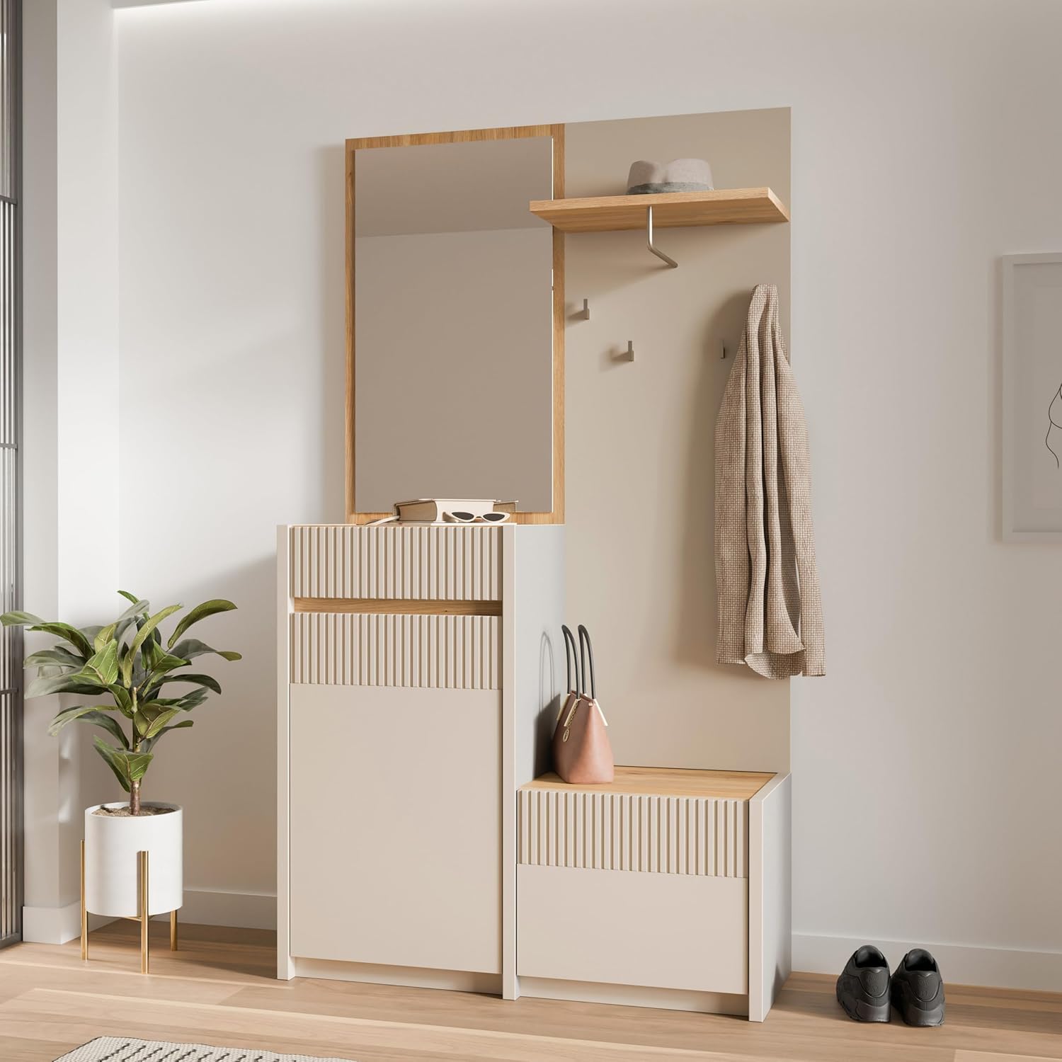 Forte Oak SQUERE Garderobe 100 110, Elegante Garderobe mit Spiegel, Kleiderstange und Aufbewahrung, Holzwerkstoff, Mauvella Eiche Holzdekor/Sand, 108,4 cm breit x 195,9 cm hoch x 41,7 cm tief