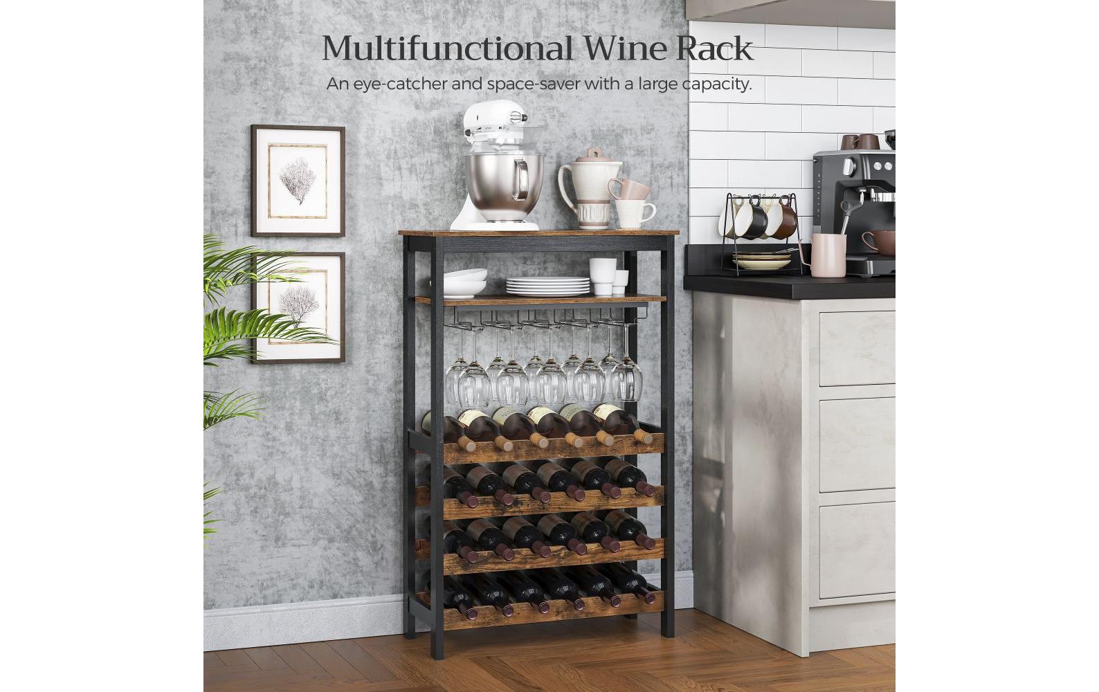 Weinregal für 24 Flaschen, aus BambusholzWeinregal im Industrie-Design mit Glashalter