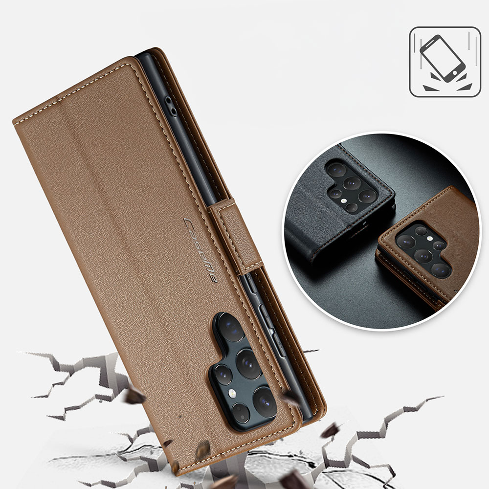 Samsung Galaxy S25 Ultra Leder Tasche Flip Wallet Etui mit Kartenfächern Litchi Look (RFID Schutz) - Braun
