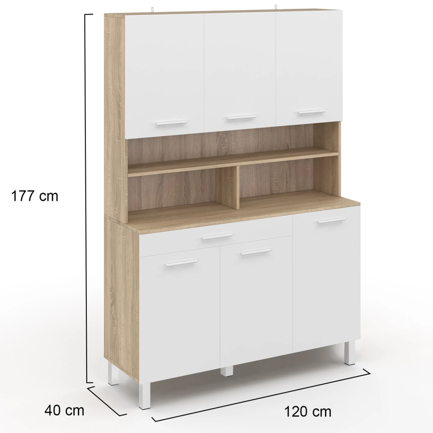 Buffet de cuisine 120 CM CINA 6 portes + tiroir façon hêtre et blanc