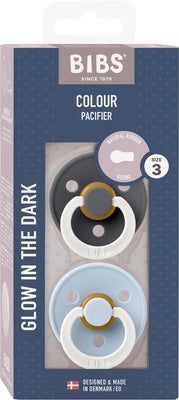 BIBS Colour Smokk 2-Pack Lateks Str 3 Rund, Iron GLOW/Baby Blue GLOW