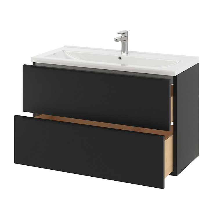 Ensemble salle de bains l.100 cm meuble à suspendre Imandra noir mat + plan vasque céramique blanc