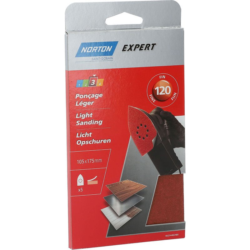 Patin auto-agrippant Norton multi-usages 105 x 175 mm - Grain 120 - Lot de 5