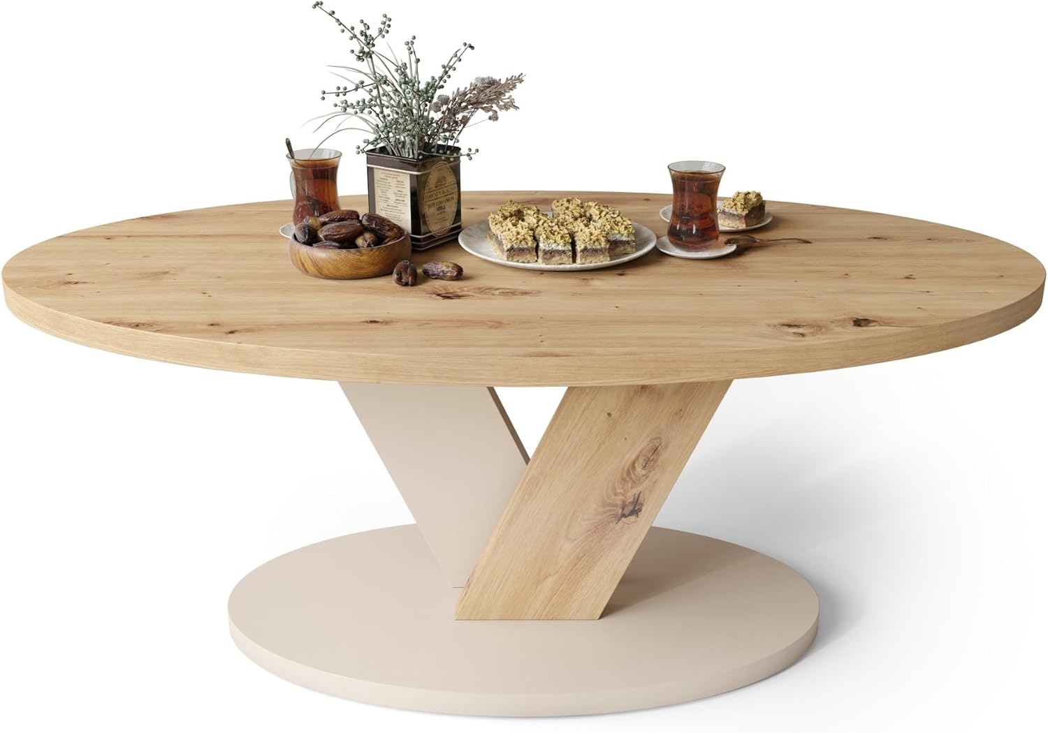 designimpex Design Couchtisch Lova Eiche Artisan/Beige matt 110x45x60 cm oval Couch Table Ablage Stubentisch Living Room Table Moderne Tische ovaler Wohnzimmertisch Sofa Wohnzimmer Küchentisch
