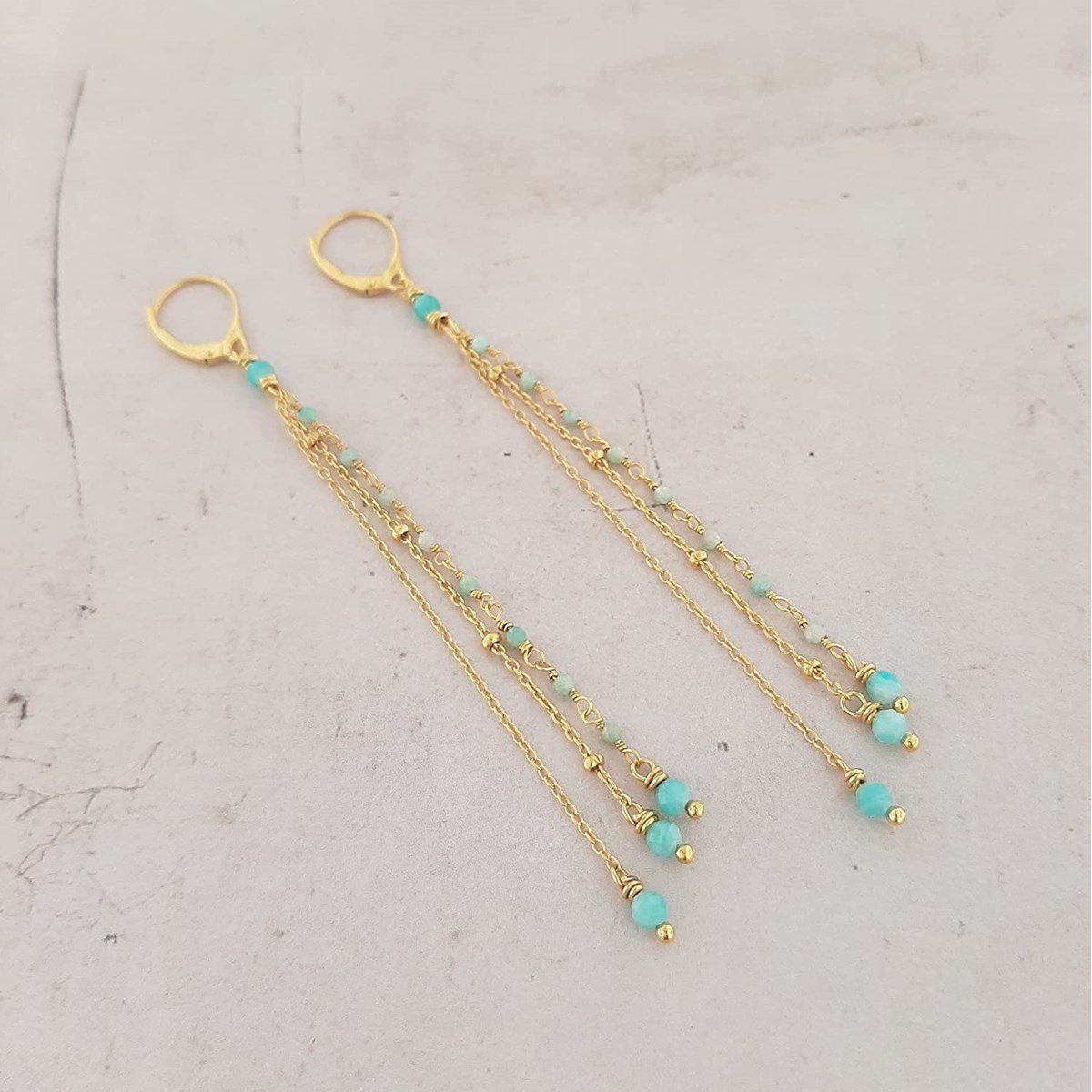Boucles D'Oreilles Chaînes Amazonite Argent 925 Doré et Pierres Naturelles