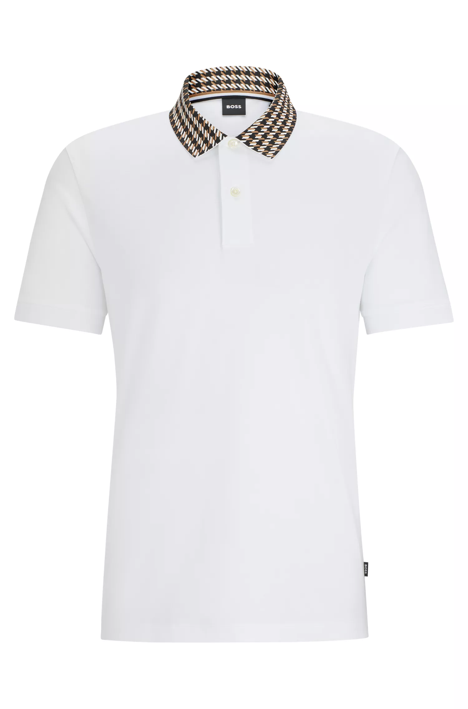 Camisa polo BOSS preta em algodão mercerizado com gola pied-de-poule.