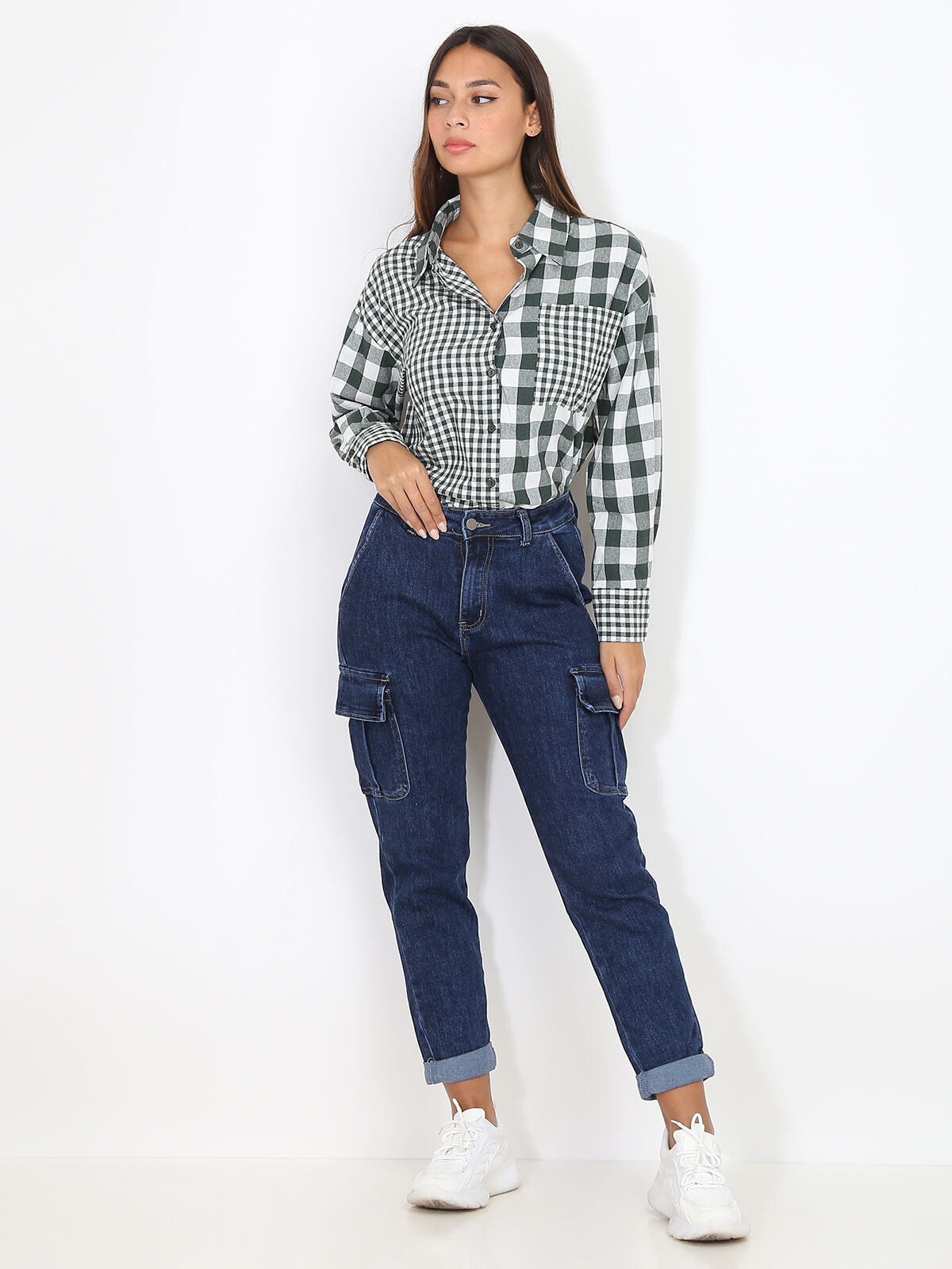 Jeans droit coupe cargo- Denim foncé