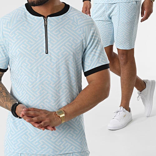 Ensemble Tee Shirt Col Zippé Short Jogging C5839-C8149 Bleu Clair