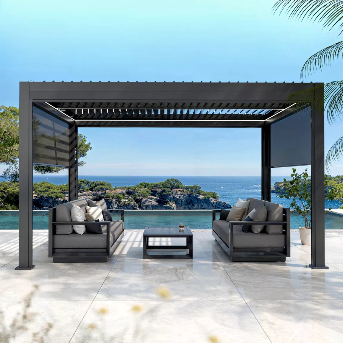 Pergola bioclimatique Autoportée motorisée aluminium et LED (3 x 4 m) Gris anthracite