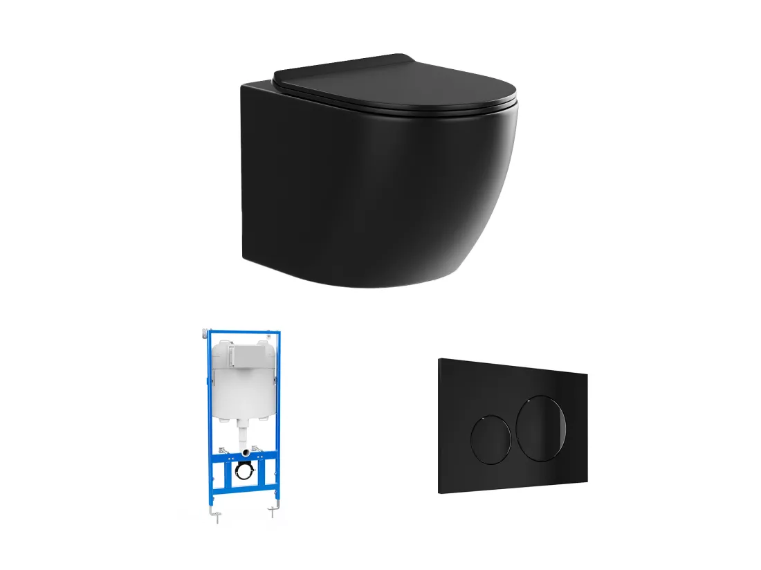 Pack WC suspendu noir mat avec bâti-support et plaque de déclenchement - JAVOINE