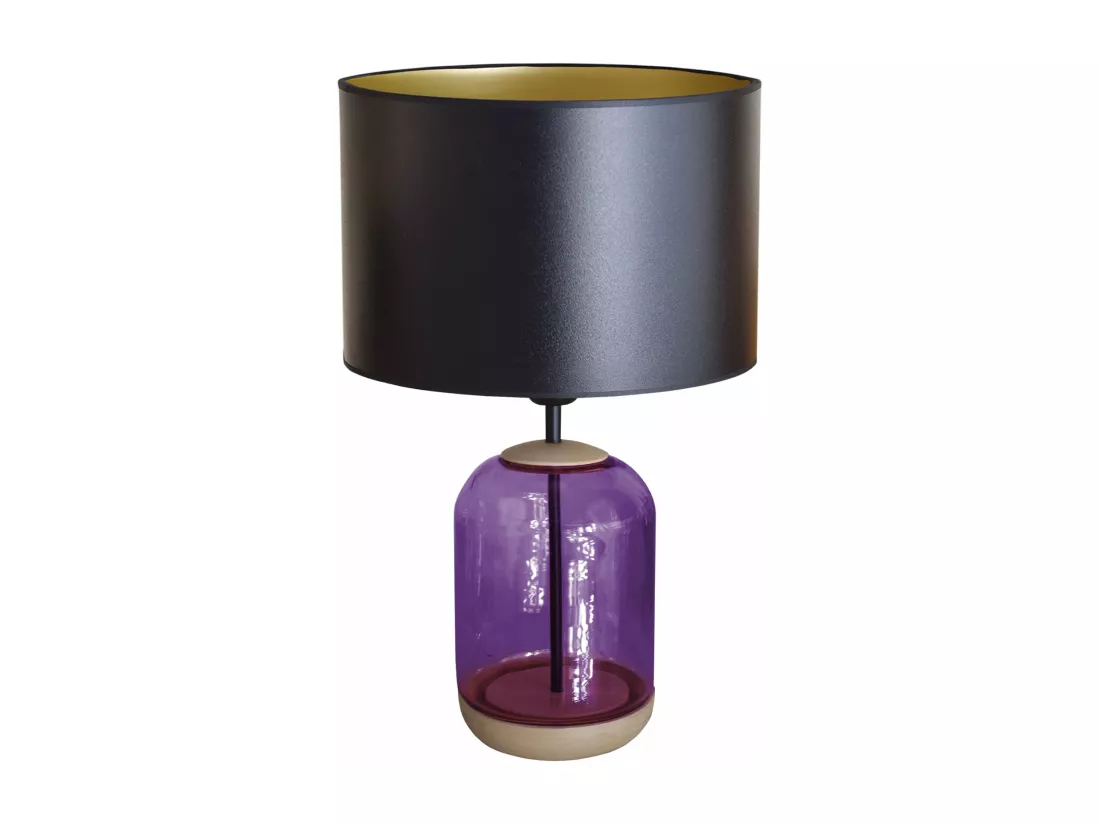 Lampe de chevet cylindre bois,verre,violet,noir or 50 cm.