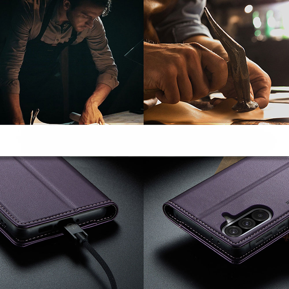 Samsung Galaxy A56 Leder Tasche Flip Wallet Etui mit Kartenfächern Litchi Look (RFID Schutz) - Violett
