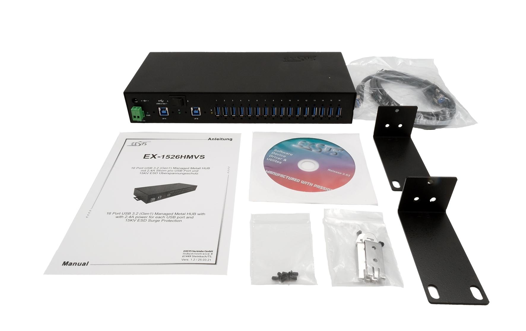 USB-Hub EX-1526HMVS 16x USB 3.2 Gen 1 (Managed)<br>Managed 16-Port USB 3.2 Gen 1 Metall HUB mit 15KV ESD Überspannungsschutz (DIN-Rail)
