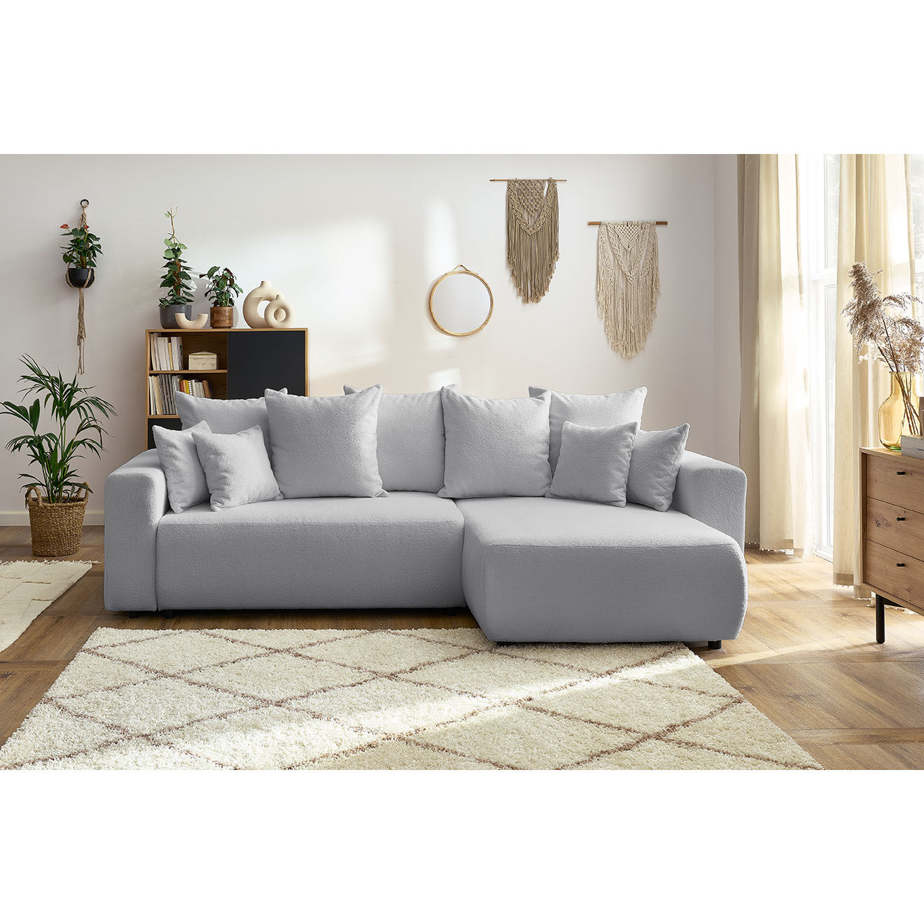 Bobochic Canapé d'angle convertible reversible bouclette Envy gris clair - 282x153x95 cm