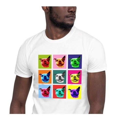 Camiseta masculina Mascochula, estilo Warhol, personalizada com seu animal de estimação, branca.