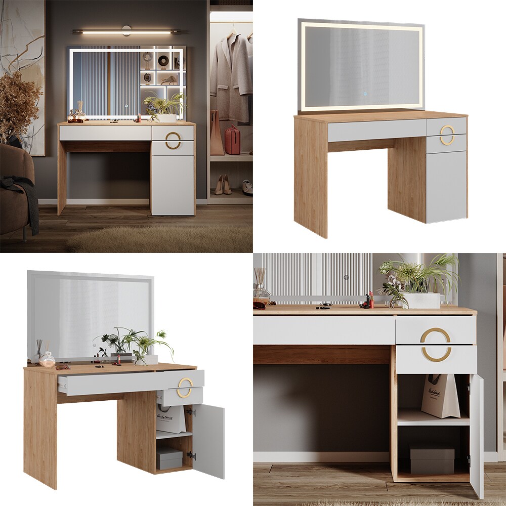 Vicco Schminktisch Adela Natural Rockford Hickory Weiß 115 x 76 cm LED-Spiegel