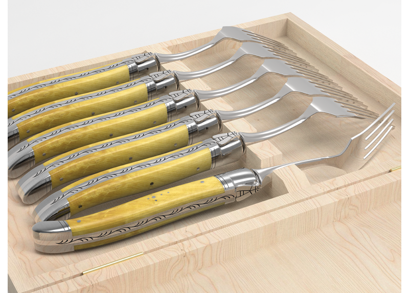Service de 6 fourchettes Laguiole avec un manche en buis et mitres en acier inoxydable