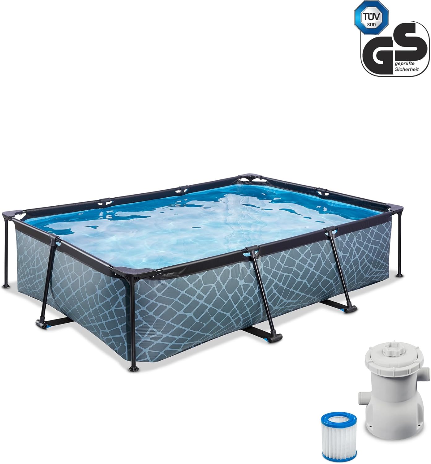 EXIT Toys Stone Pool - 300x200x65cm - Rechteckiger, Kompakter Rahmenpool mit Kartuschenfilterpumpe - Leicht Zugänglich - Für Kleinkinder Geeignet - Starker Rahmen - Einzigartiges Design - Grau