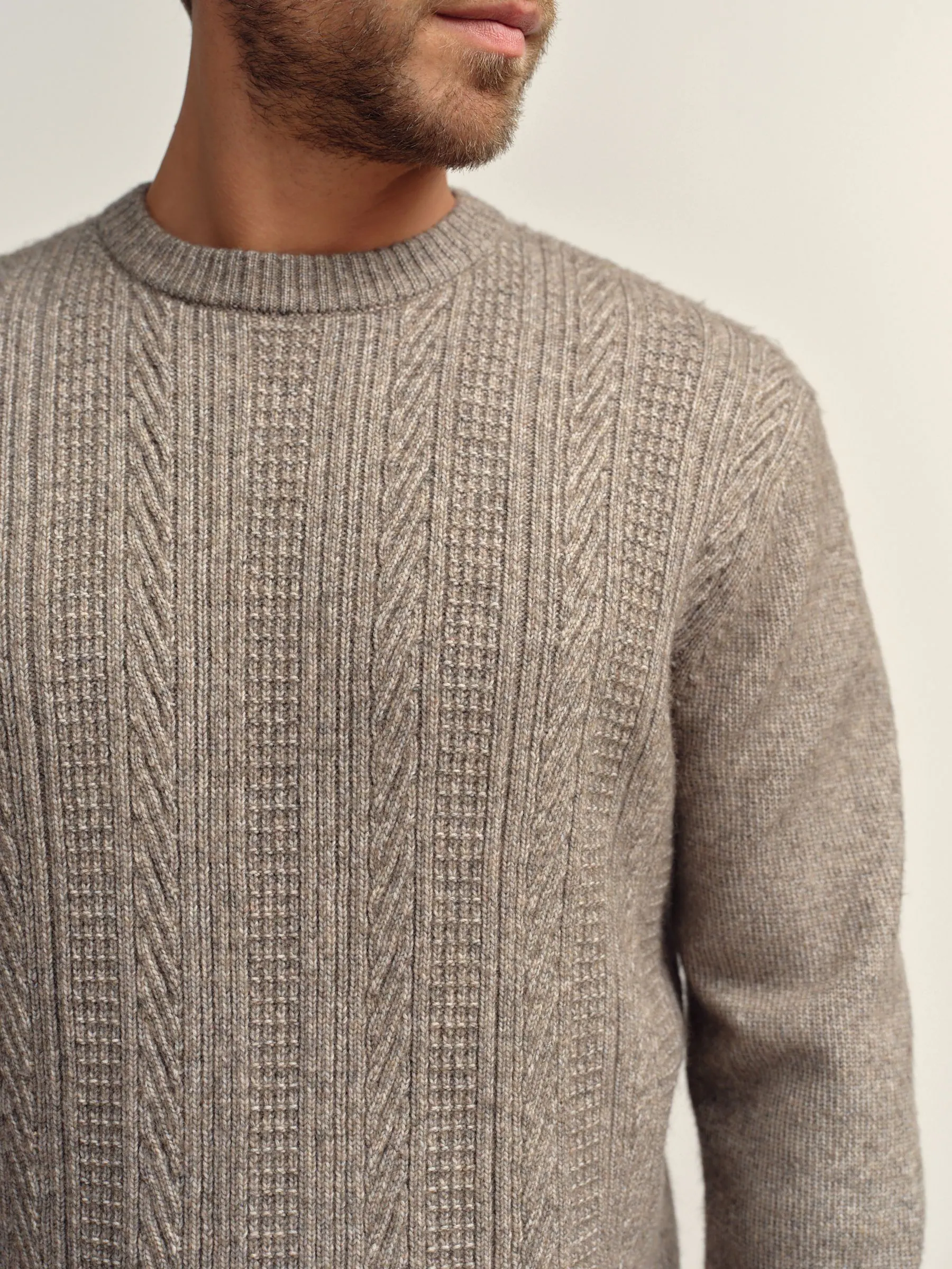 Donker kiezelkleurig - Regular Fit Cable Knit Crew Neck Jumper with Wool