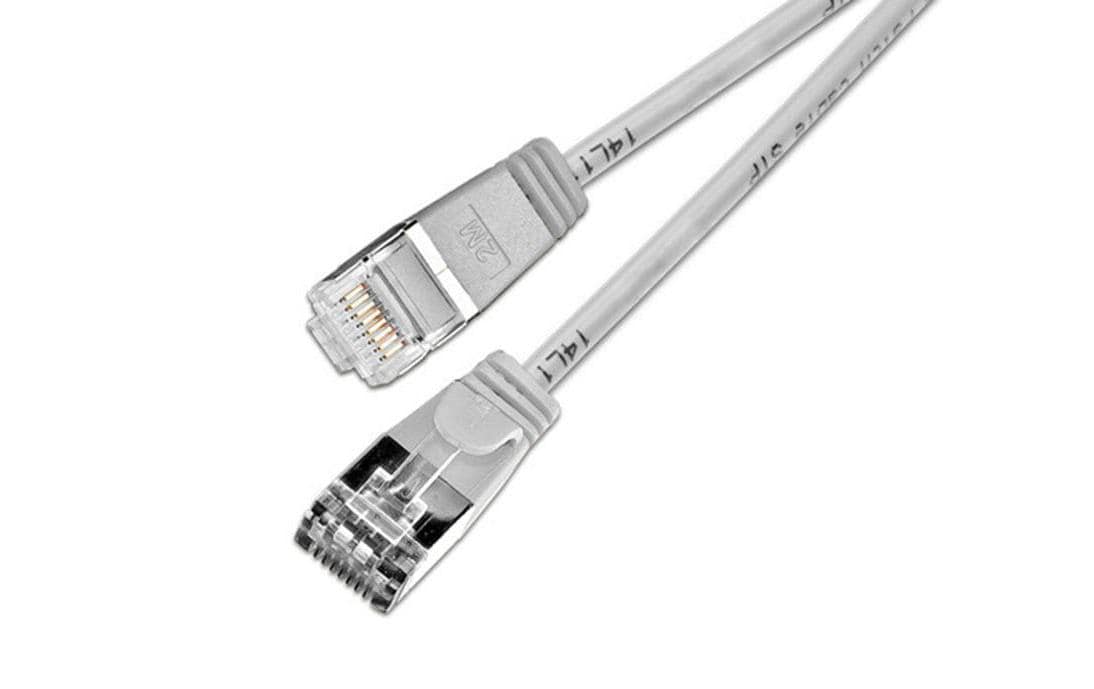 Slimpatchkabel RJ-45 - RJ-45, Cat 6, U/FTP, 2 m, GrauGeschirmtes Cat 6 Twisted-Pair-Kabel (U/FTP) mit Klinkenschutz