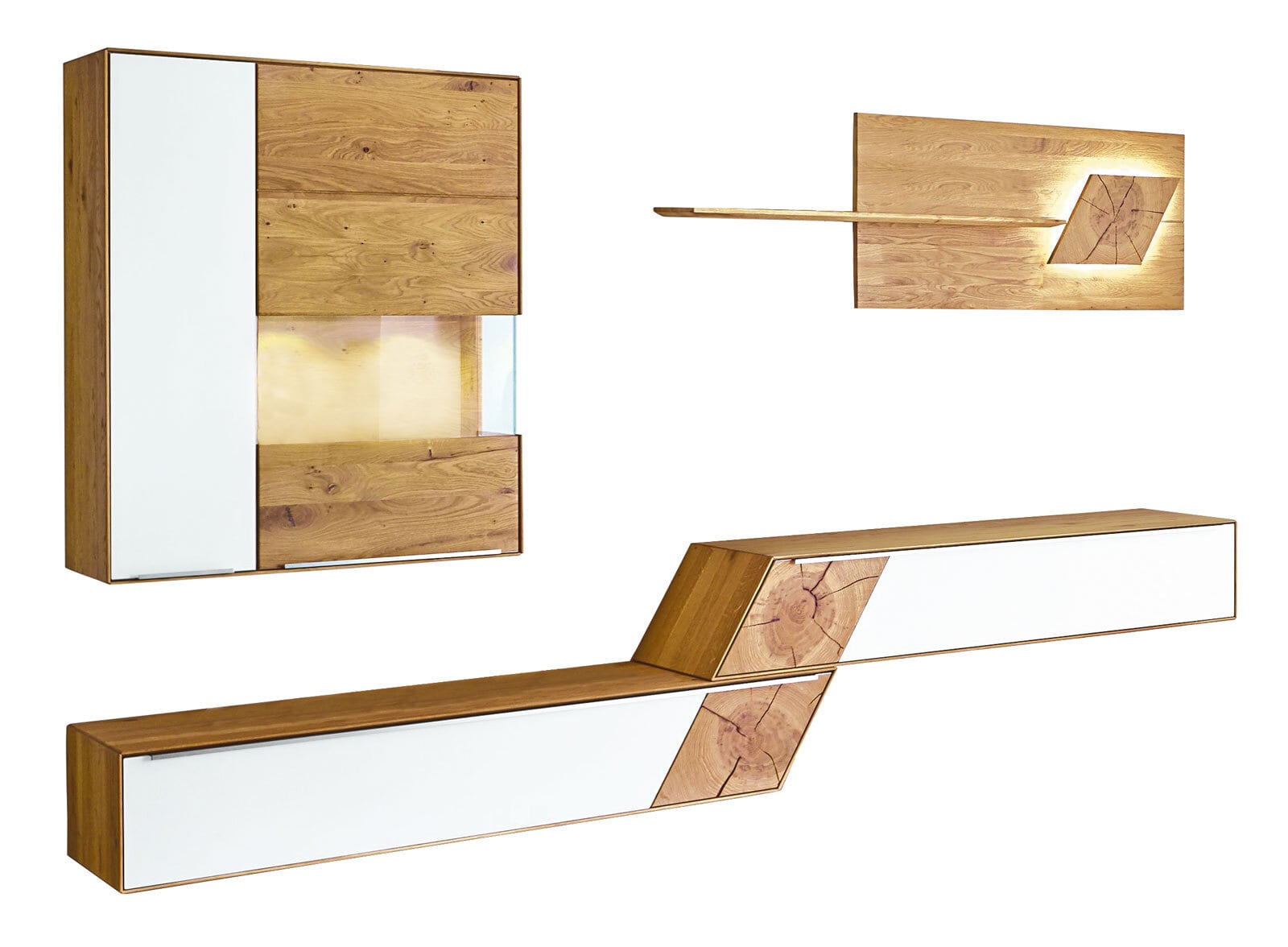 VALMONDO Wohnwand TALVERA Asteiche massiv /Optikwhite