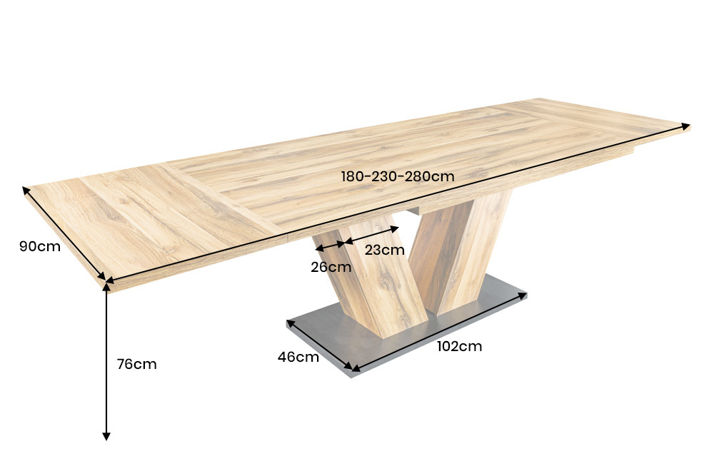 Ausziehbarer Esstisch MONTREAL 180-280cm natur Plankeneiche Holz-Design V-Gestell