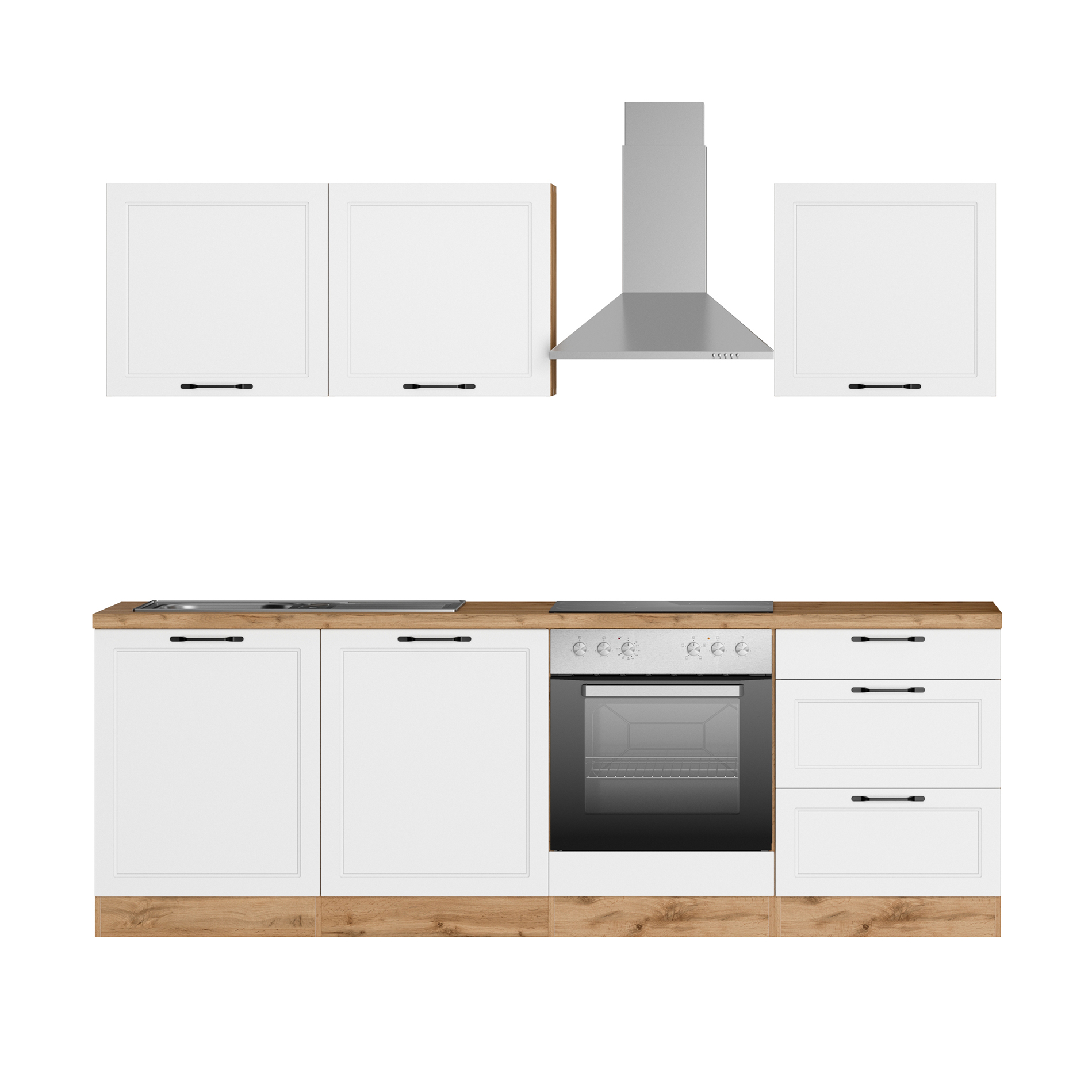 Küchenzeile MERAN - weiß - Wotaneiche - mit E-Geräten - 240 cm