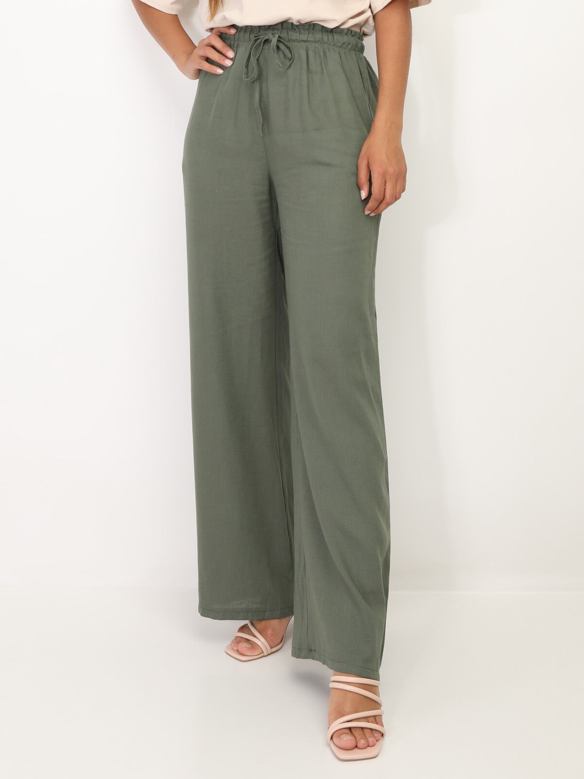 Pantalon en lin large à liens- Kaki
