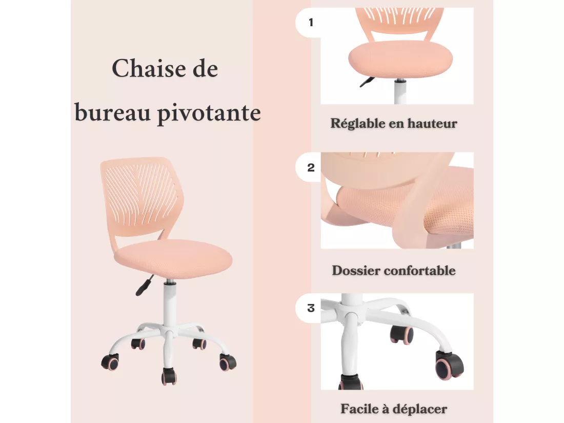 URBAN MEUBLE Chaise de bureau pivotante rose, dossier ergonomique, revêtement en maille, hauteur réglable, style moderne, pour la maison et le bureau