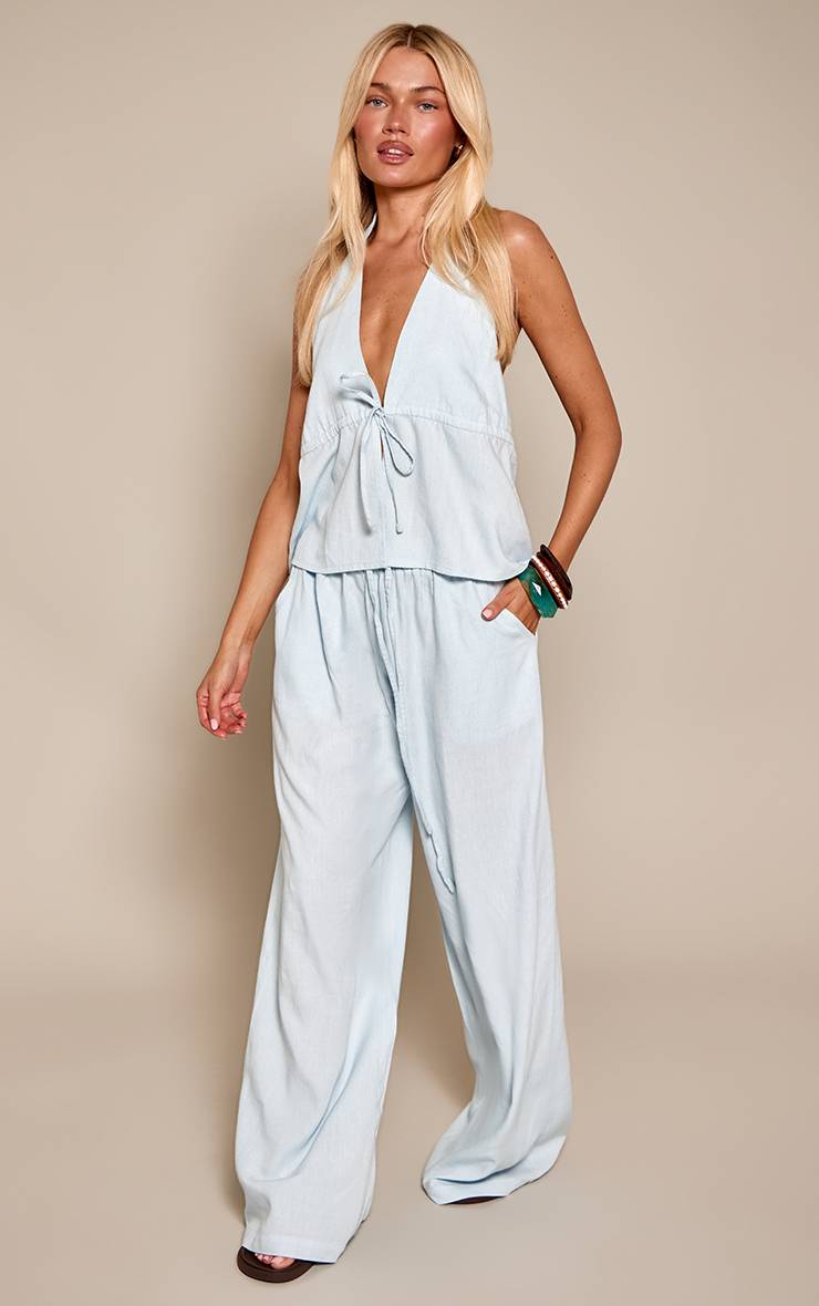 Aqua Blue Pantalon Large À Cordon De Serrage Ensemble Coordonné