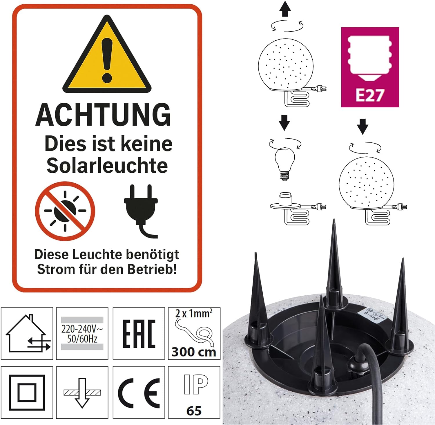 Stone IP65 Kugelleuchte für Garten - 3er Set 20+30+40 cm Kugel Außenleuchte Naturstein Optik E27 230V - mit LED 9W - Erdspieße - außen