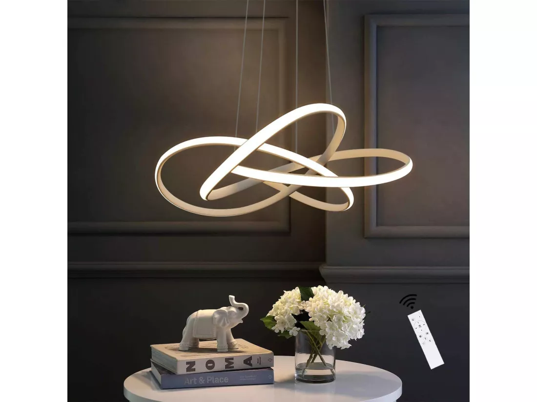 NETTLIFE Suspension LED Métal Blanc Diam.58cm 62W Anneaux Modernes Salon Dimmable avec Télécommande Éclairage Intérieur Réglable en Hauteur Lampe