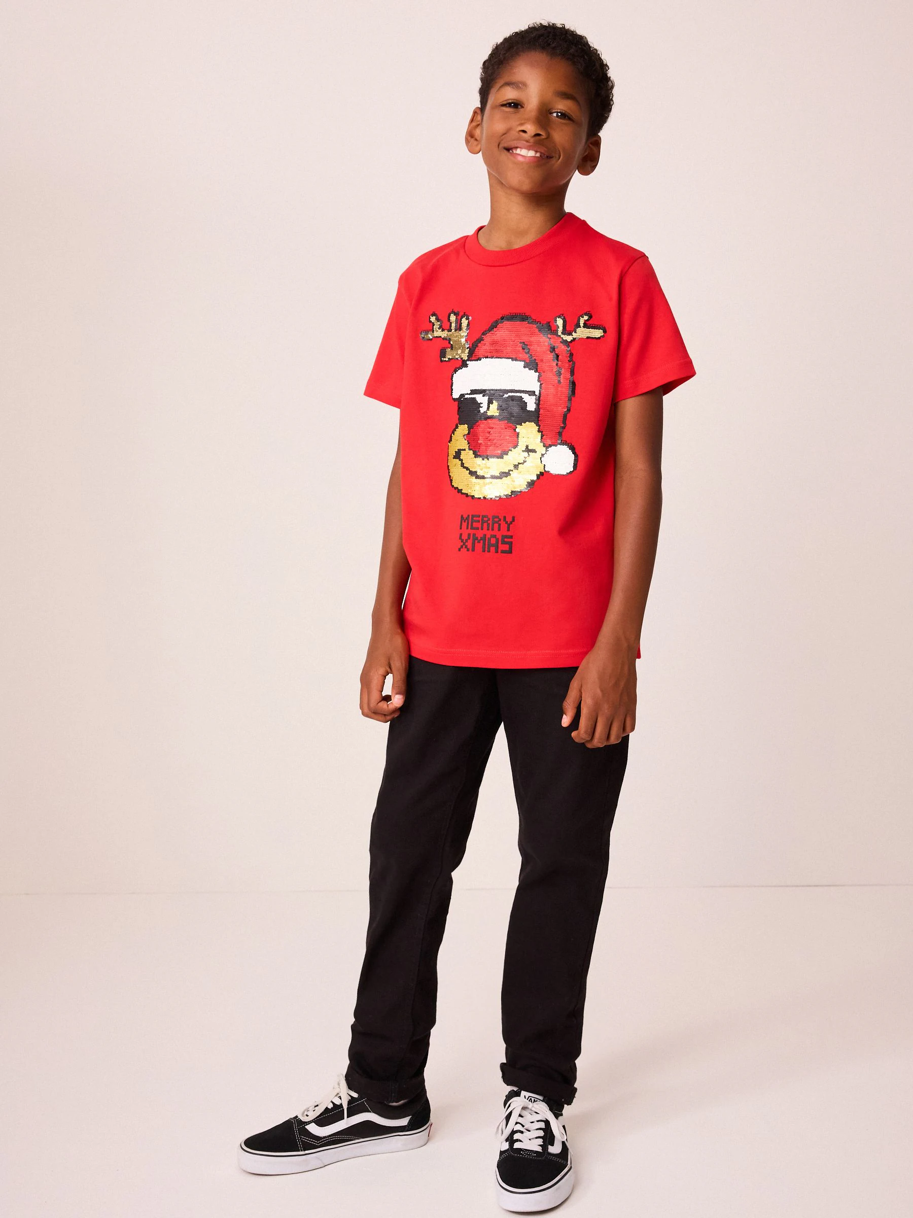 Rood Rudolph Pailletten - Kerstshirt met korte mouwen van 100% katoen (3-16jr)