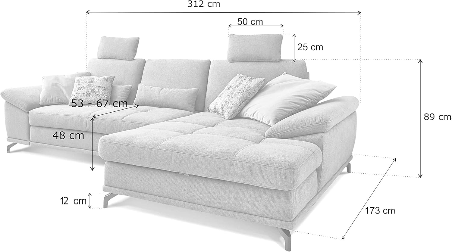 Cavadore Ecksofa Castiel mit Federkern / Großes Sofa in L-Form mit Sitztiefenverstellung, Kopfstützen und XL-Longchair / 312 x 114 x 173 / Webstoff, Dunkelbraun