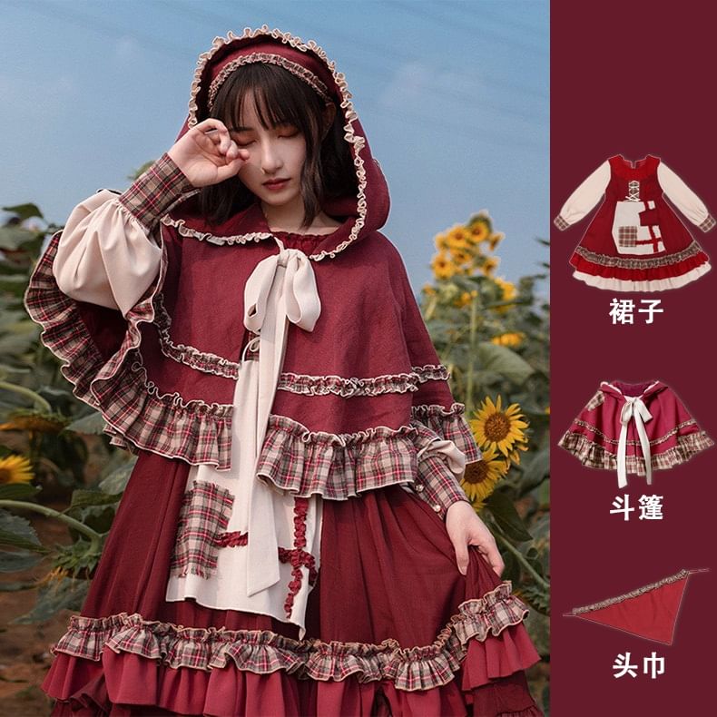 Lolita Smile - Midi-jurk met lange mouwen, ronde hals, geruit paneel en ruches / Capuchon met strik aan de voorkant / Hoofddoek / Set