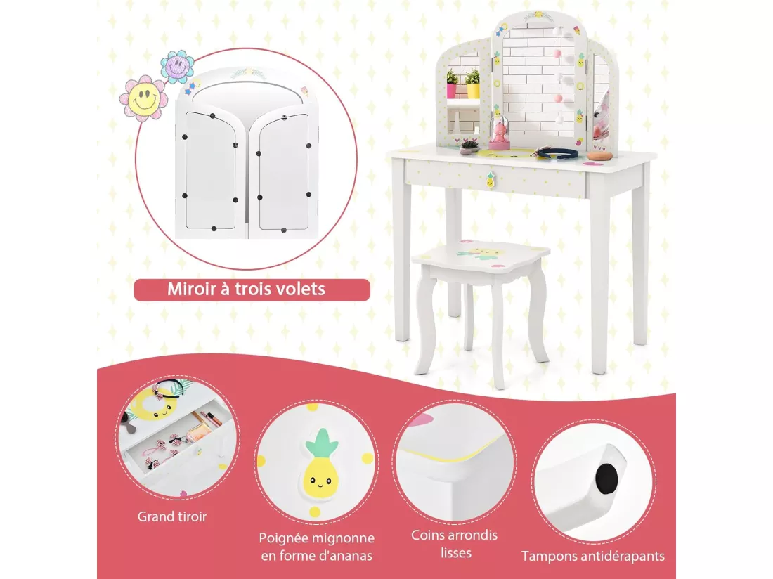 2 en 1 Coiffeuse Enfants avec Tabouret & Miroir à 3 Volets, Table de Maquillage avec Tiroir & Motif d'Ananas, Dispositif Anti-basculement, Charge 30/50kg pour 3 Ans+