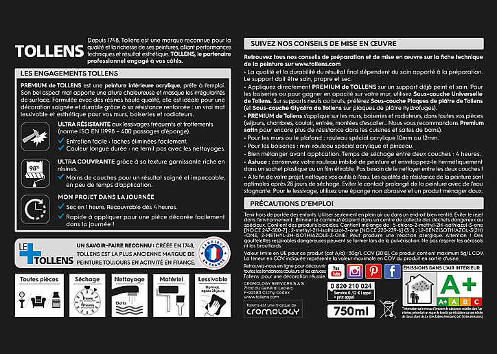 Peinture Tollens premium murs, boiseries et radiateurs gris macadam mat 0,75L