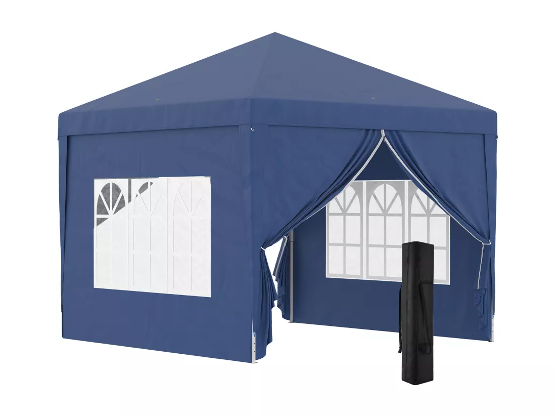 Tonnelle barnum pop-up pliant dim. 3L x 3l x 2,58H m 2 fenêtres sac transport acier Oxford bleu
