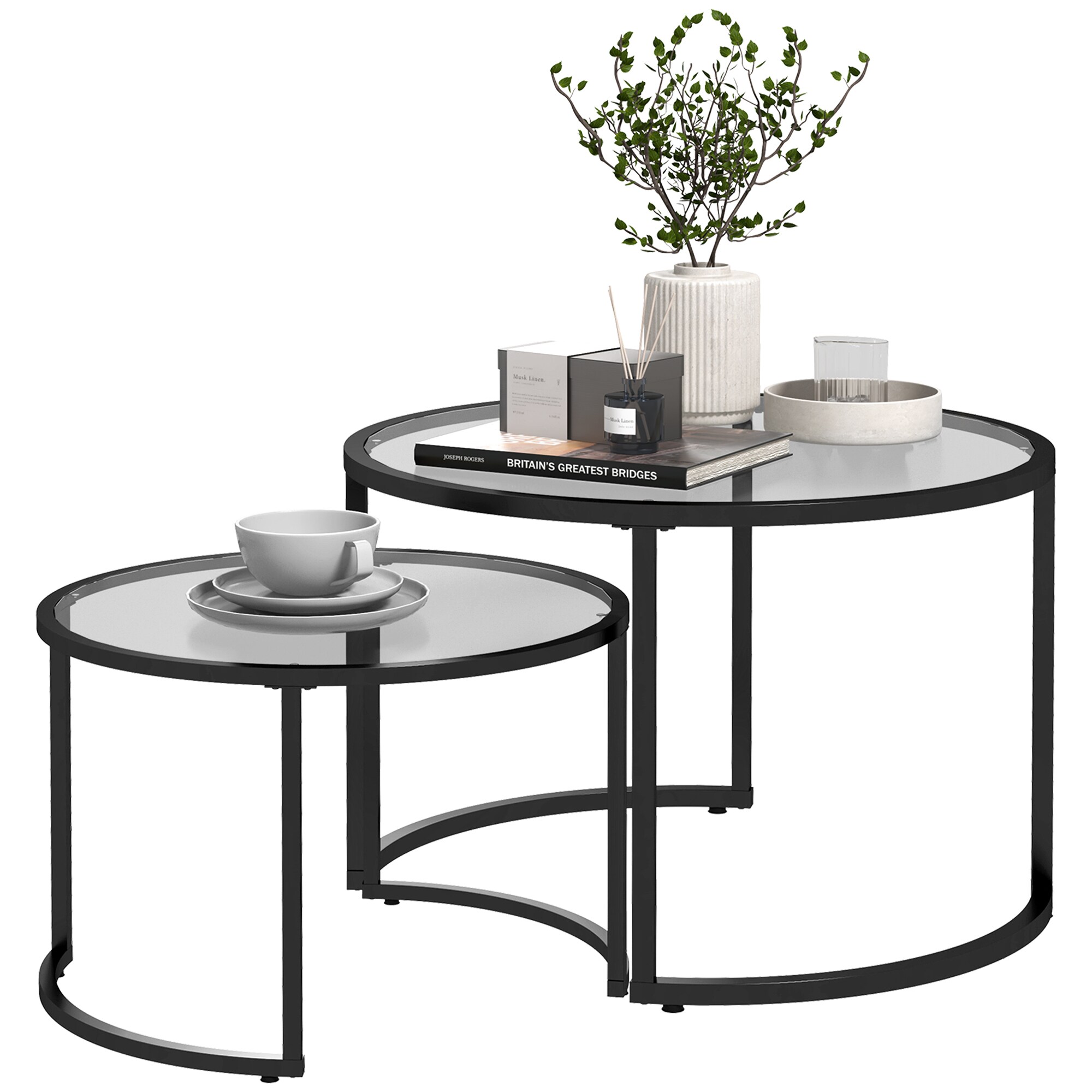 HOMCOM Couchtisch-Set mit Fußstützen schwarz 70L x 70B x 47,5H cm