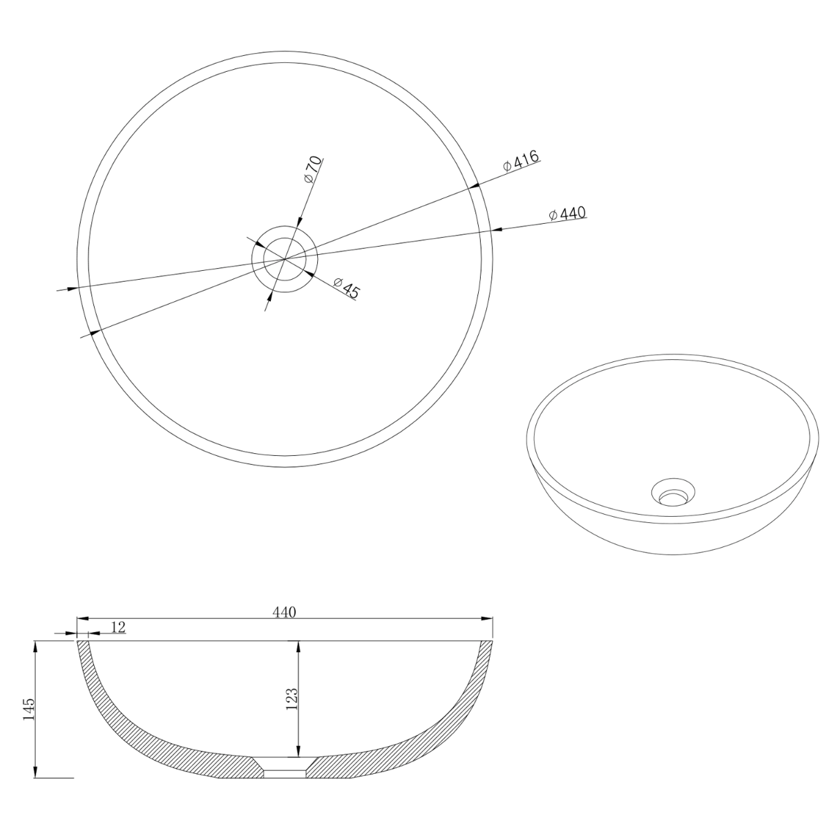 Sapho Turf betonnen waskom 44cm zwart graniet