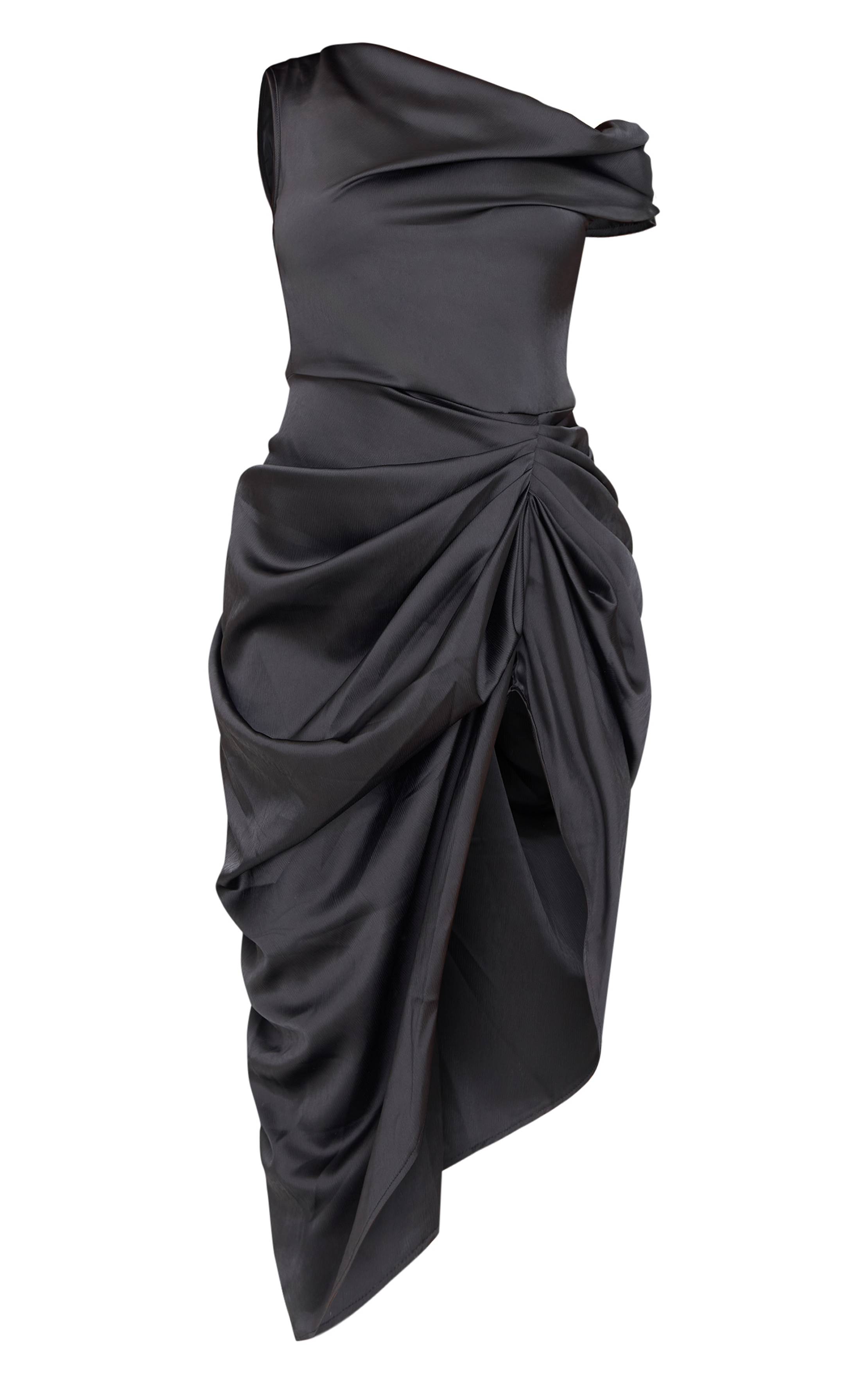 Noir Robe Midi En Satin À Épaules Dénudées Avec Jupe Drapée