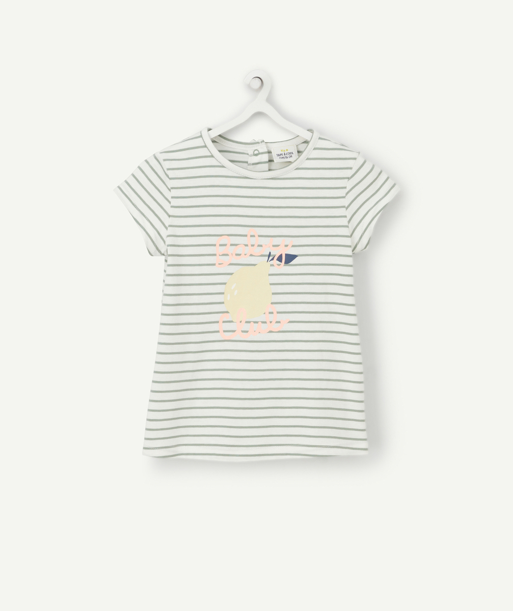 T-SHIRT BÉBÉ FILLE EN COTON BIOLOGIQUE RAYÉ VERT ET BLANC