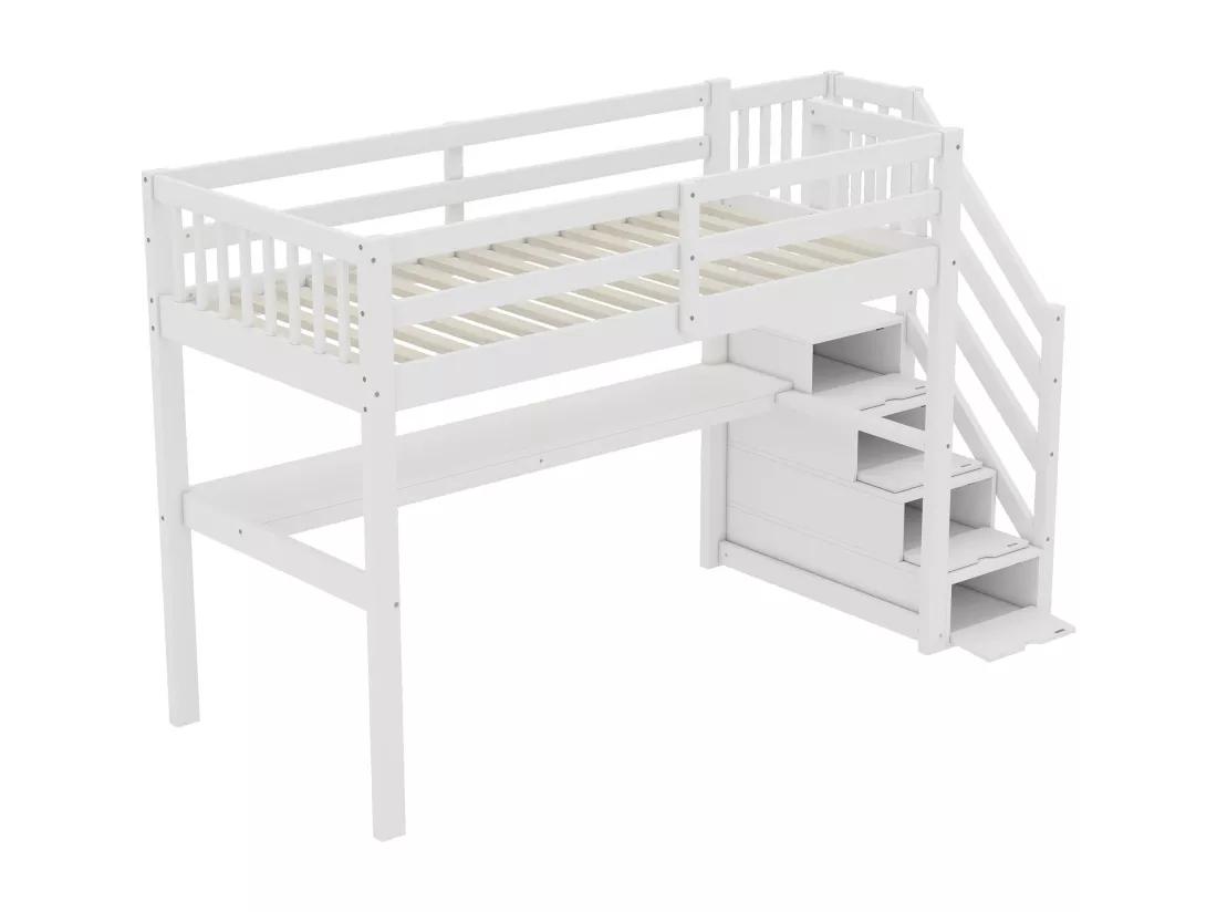 Lit mezzanine en bois de pin - 90x200cm - avec escalier de rangement et bureau - avec sommier à lattes - Blanc
