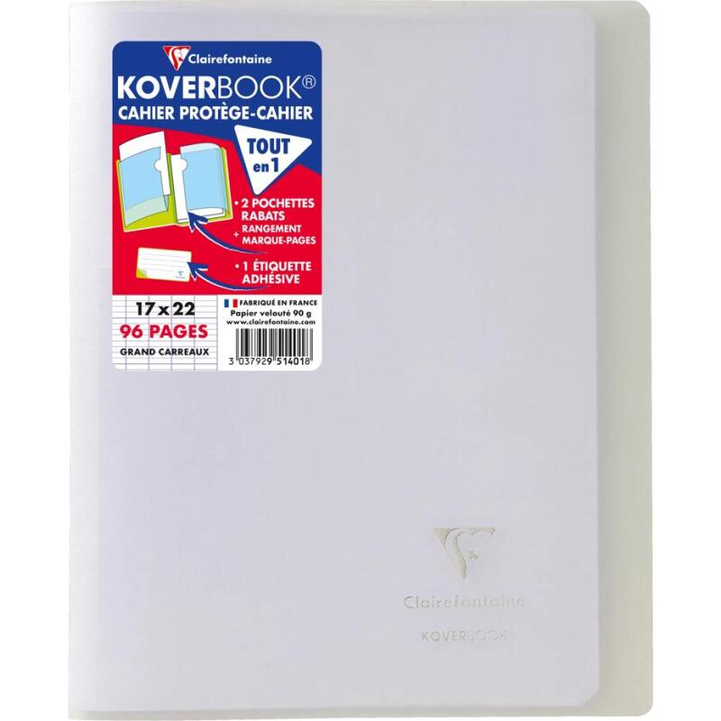 Cahier piqué Koverbook 17x22cm 96 pages grands carreaux couverture polypropylène transparent - Assortis